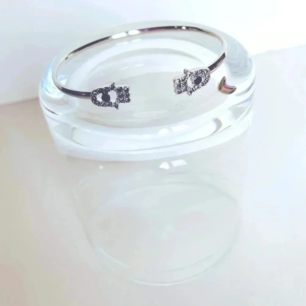 Hamsa Hand Rhinestone Bracelet | Silver Tone Adjustable Boho Jewelry | NWOT